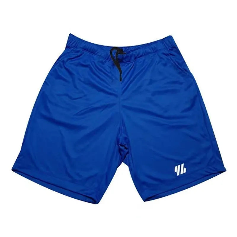 Man's loose-fit metal silk sports shorts in blue, shown flat, suitable for summer running and athletics.