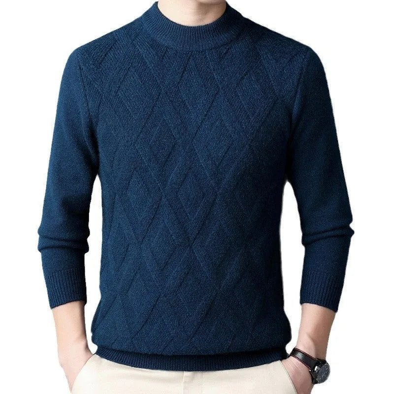 Men's grey diamond jacquard knit wool blend pullover sweater on a hanger.