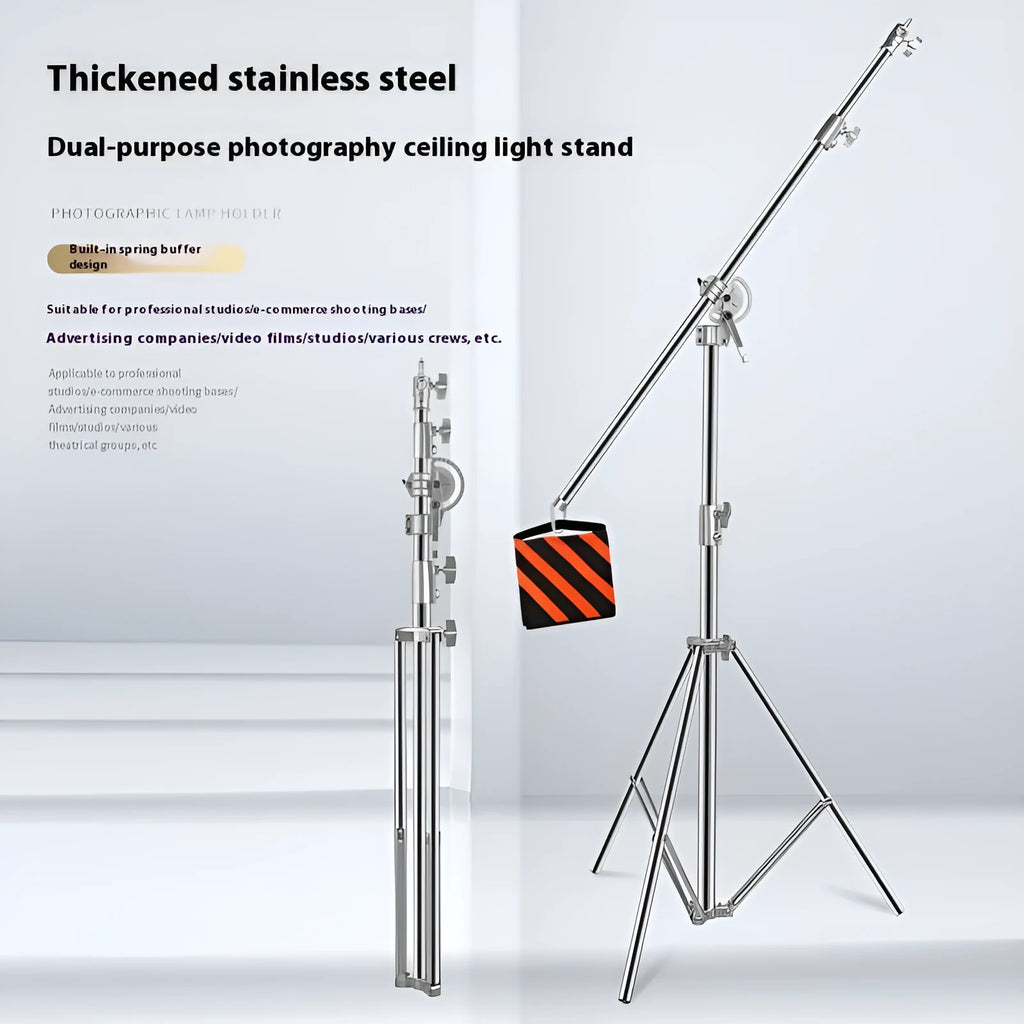 Silver stainless steel ceiling lamp rack with cross arm extended to full height