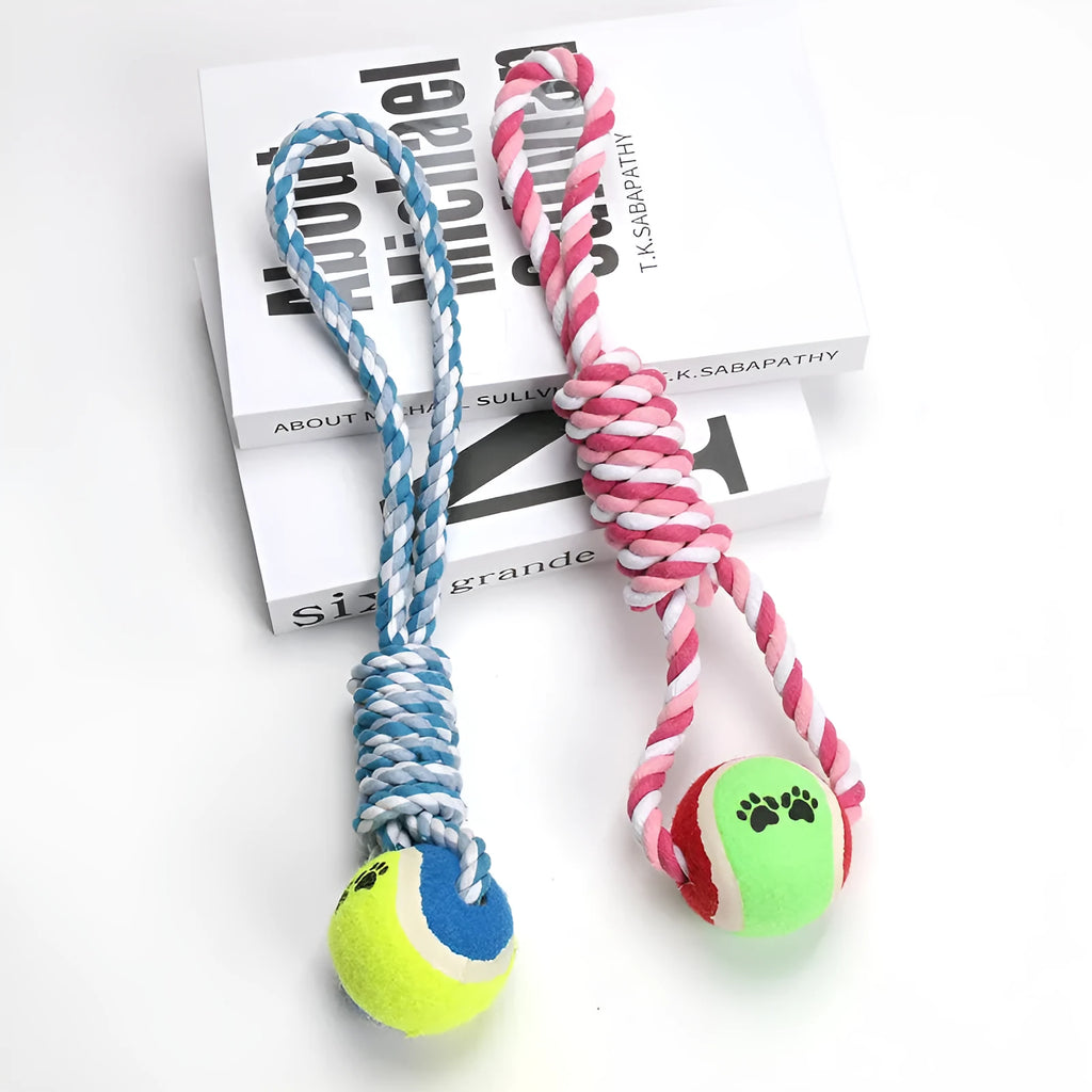 Red and white cotton rope dog toy approximately 38cm long for medium and large breeds