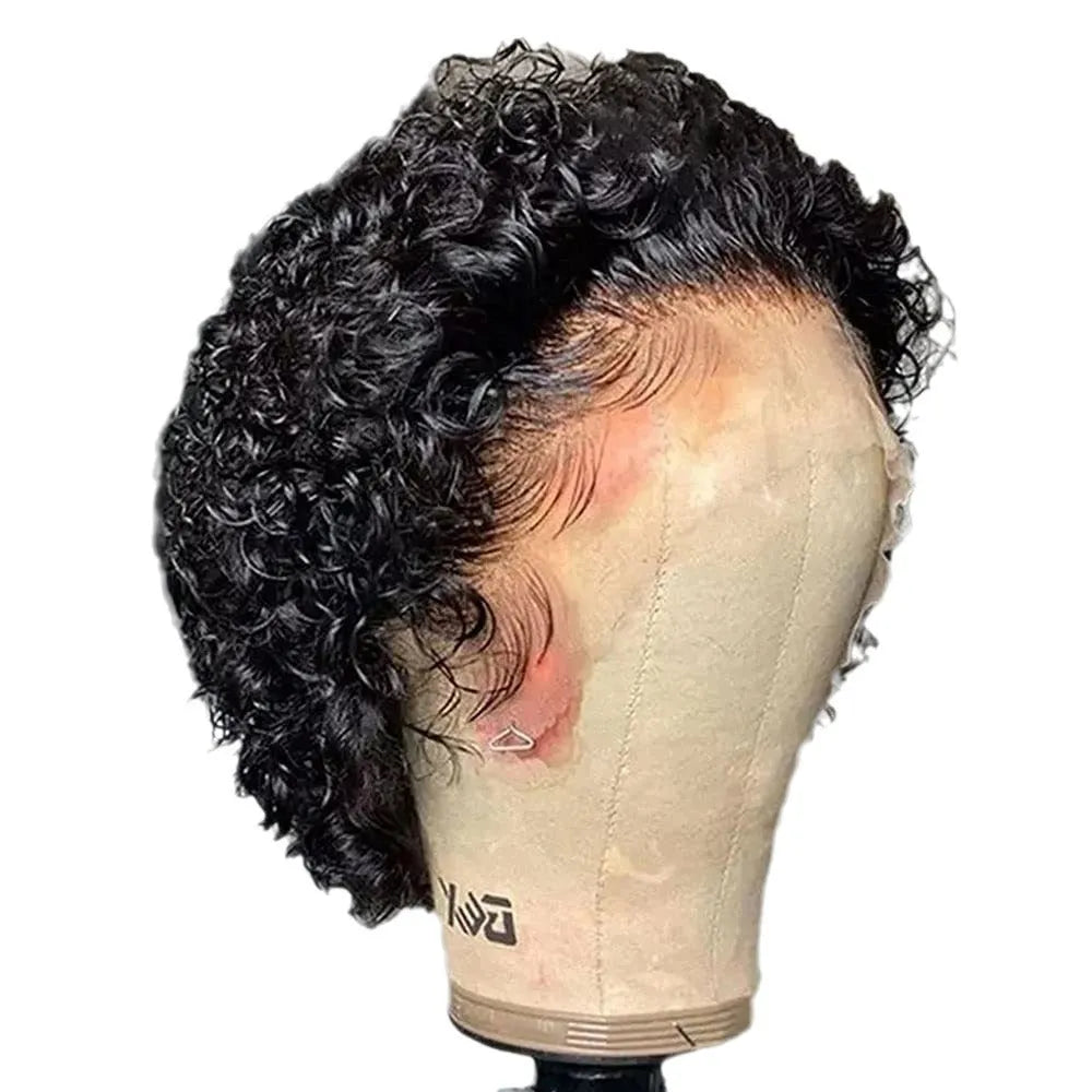 Human hair lace front wig in 13x1 dark brown with pixie cut and black lace hair cover