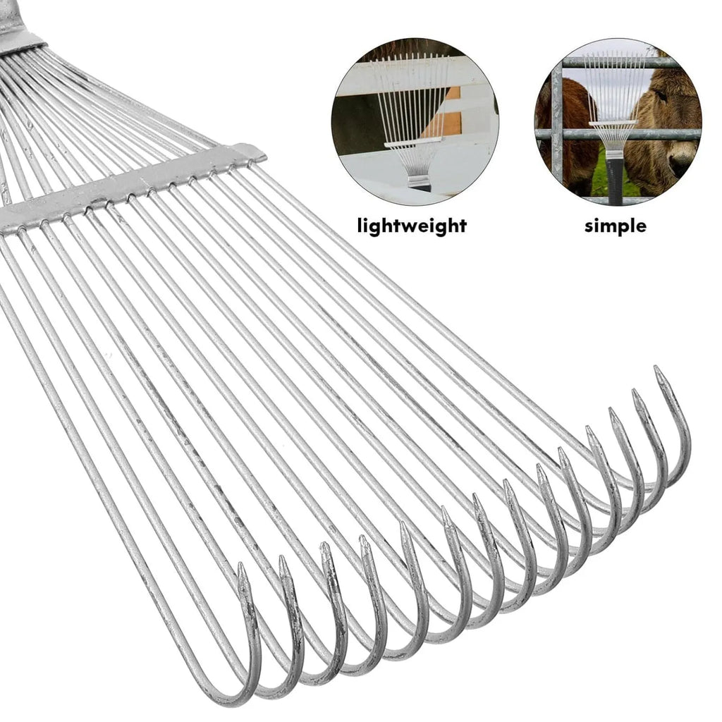 Stainless steel pet grooming hand rake comb for dogs and horses, 33 cm long.