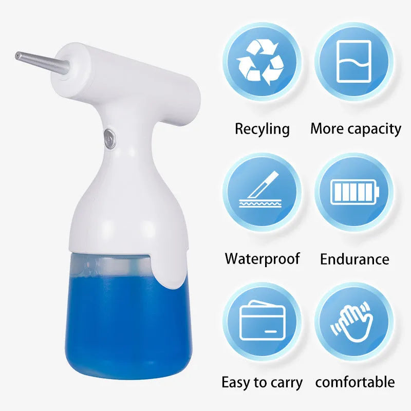 White electric foam dispenser gun with 350ML tank, ABS plastic body, and Type-C charging port on a bathroom countertop