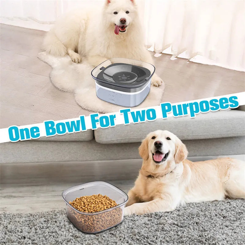 Transparent 70oz/2L dog water bowl with visible water level and floating disk