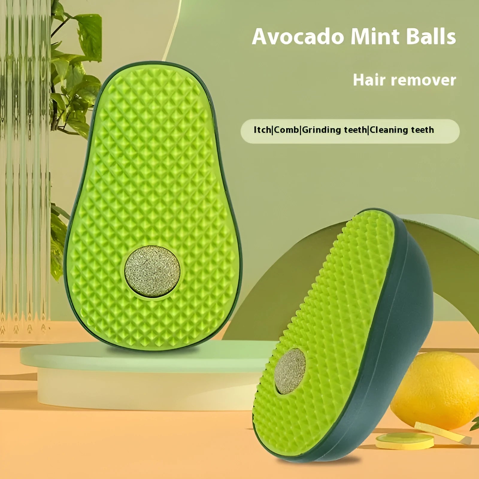 Avocado cat toy with green and brown ABS TPR texture, 13.5 cm long, on a flat surface
