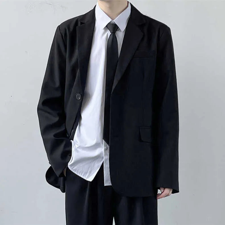 Men's plus size three-piece suit set in loose college style with white shirt and tie