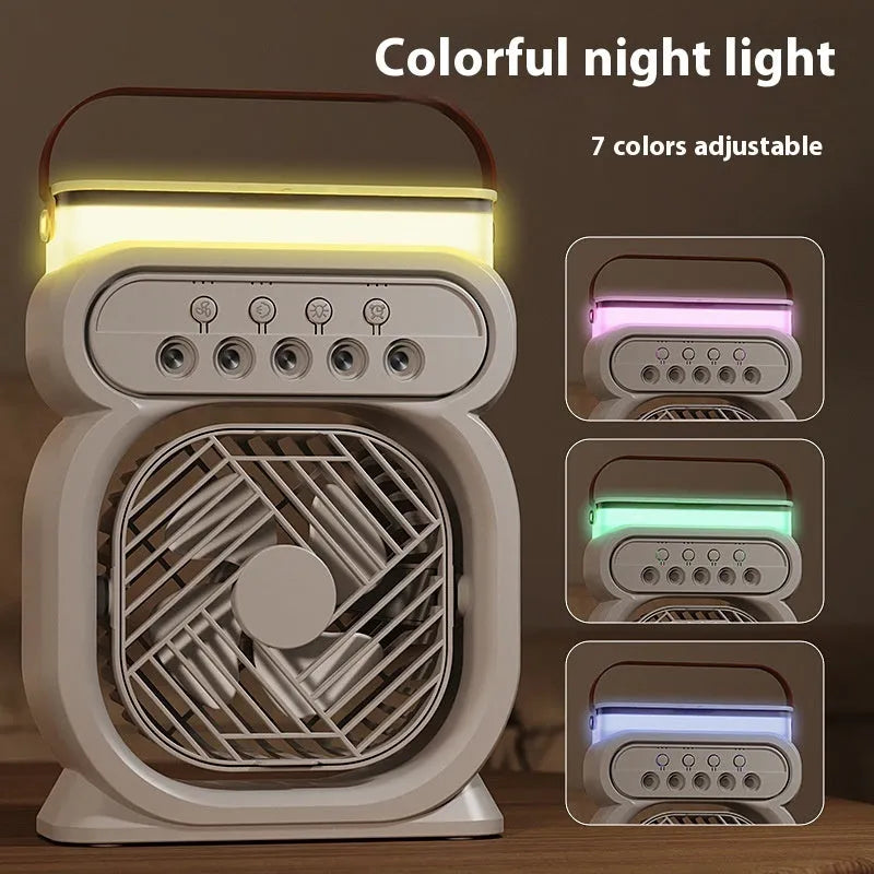 3-in-1 portable evaporative air cooler with LED night lights on a desk in home office