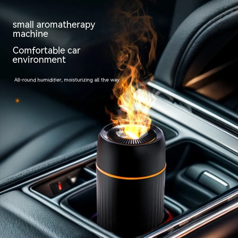 Car flame simulation aroma diffuser with automatic sprayer in black or white, showing dimensions 70×70×143mm