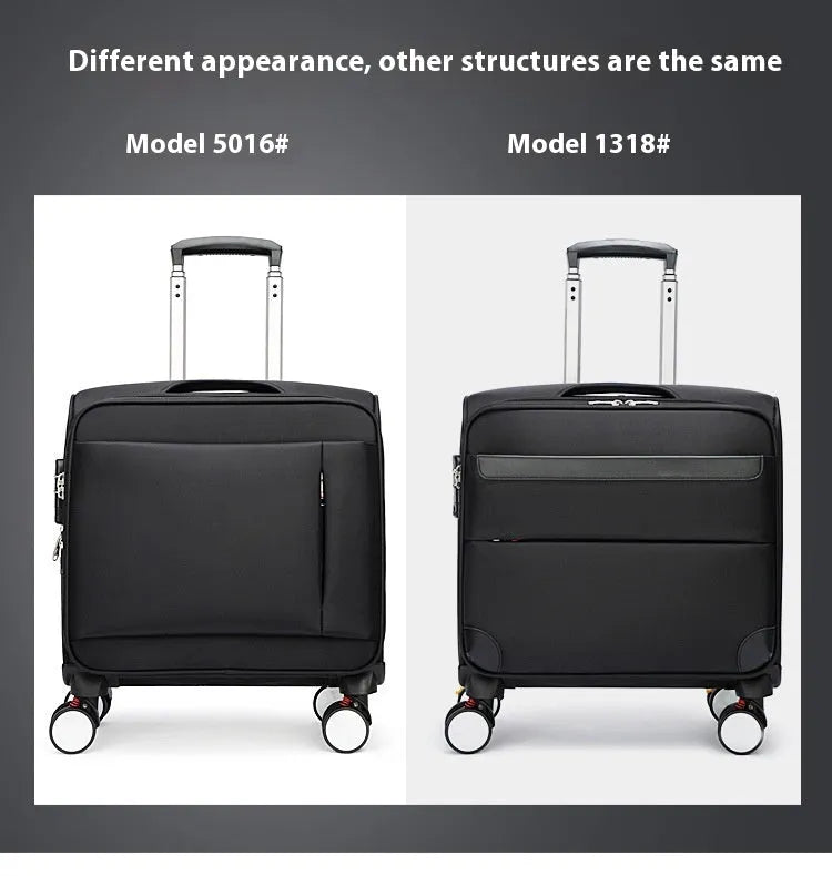 Black 18-inch Oxford cloth business travel suitcase with retractable handle and universal wheels.