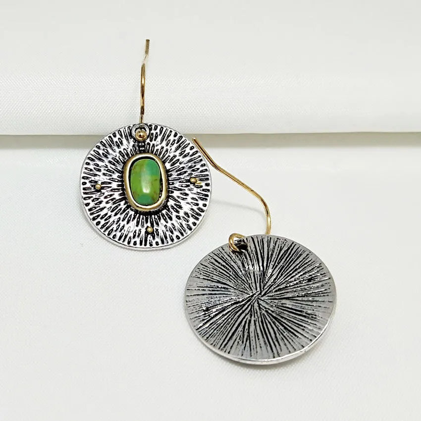 Retro creative turquoise colour separation earrings in antique silver finish alloy old money style