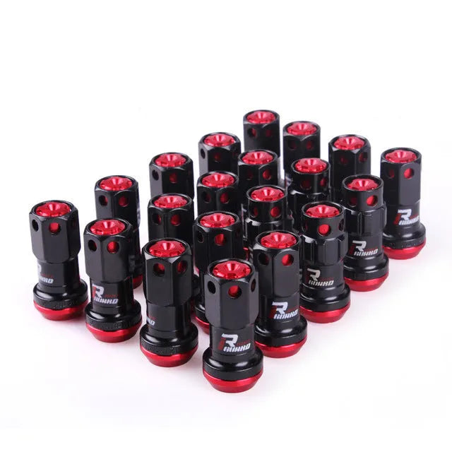 Set of aluminium alloy flat head wheel nuts in various colours including black, blue, gold, red, and purple.