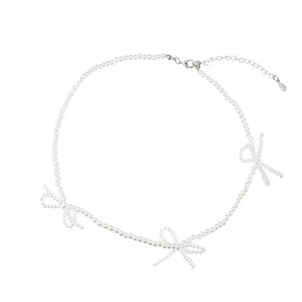Sweet bow pearl necklace for women simple design clavicle chain white imitation pearls adjustable 31-40cm