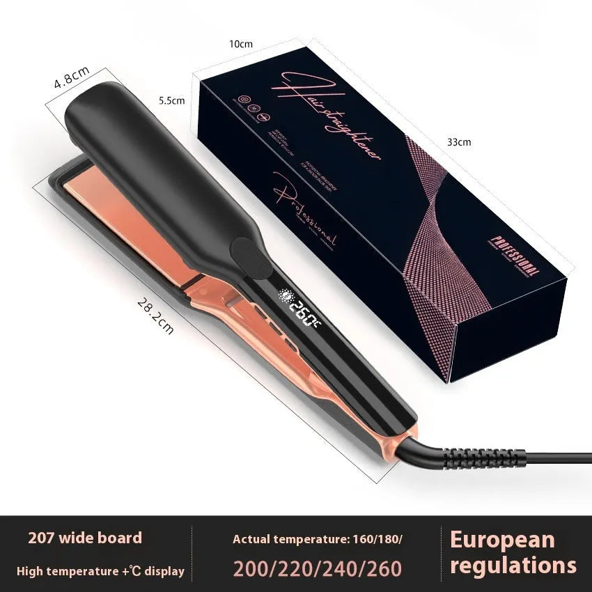 Hair straightener with anion technology and digital temperature display showing 207℃