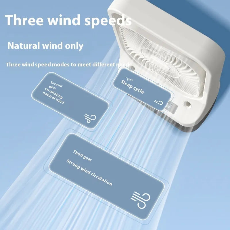White USB rechargeable cooling fan with three spray nozzles, 270-degree adjustable head, and night light on a desk