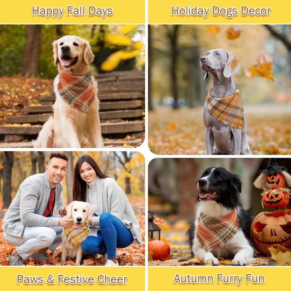 Vivifying fall dog bandana with plaid pattern, tassel edges, and double-layer cotton in autumn colours