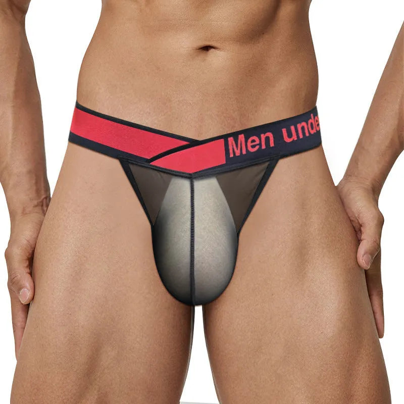 Men's transparent ice silk nylon briefs with low waist large V gradient design in red colour