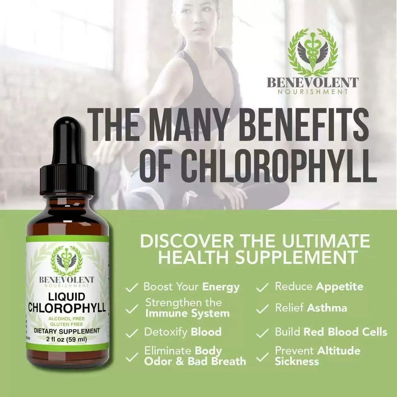 60ml bottle of natural liquid chlorophyll drops for adult intestinal care and internal deodorant use.