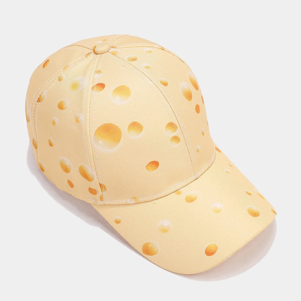 Full printed cheese pattern peaked cap with adjustable strap and dome crown