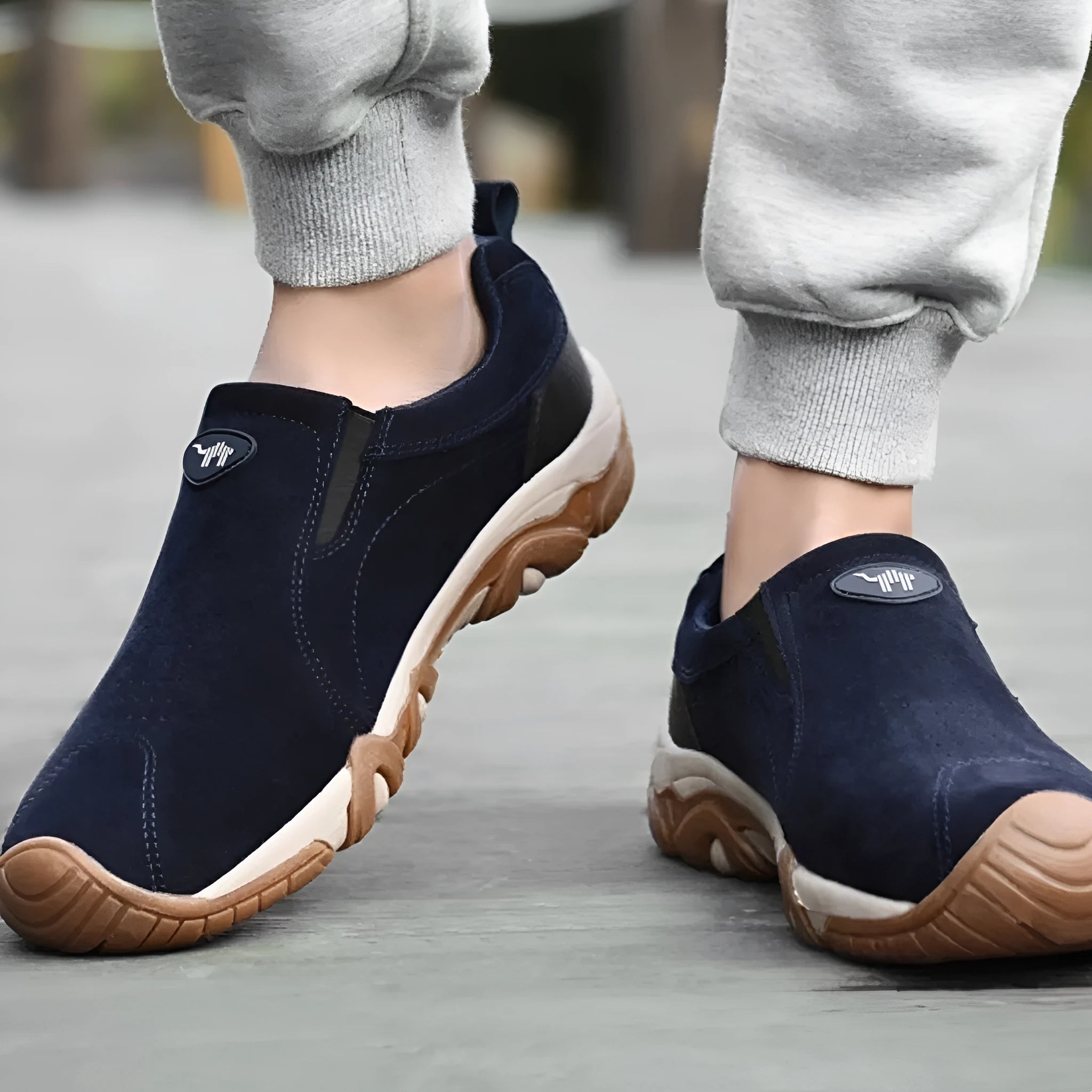 Plus size men's casual sports shoes with suede upper, mesh lining, rubber sole in black color