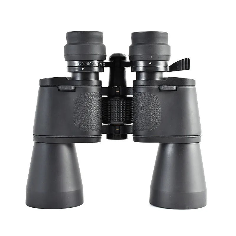 Outdoor binocular telescope with continuous zoom capability showing 20-120x 100mm and 10-70x 70mm specifications