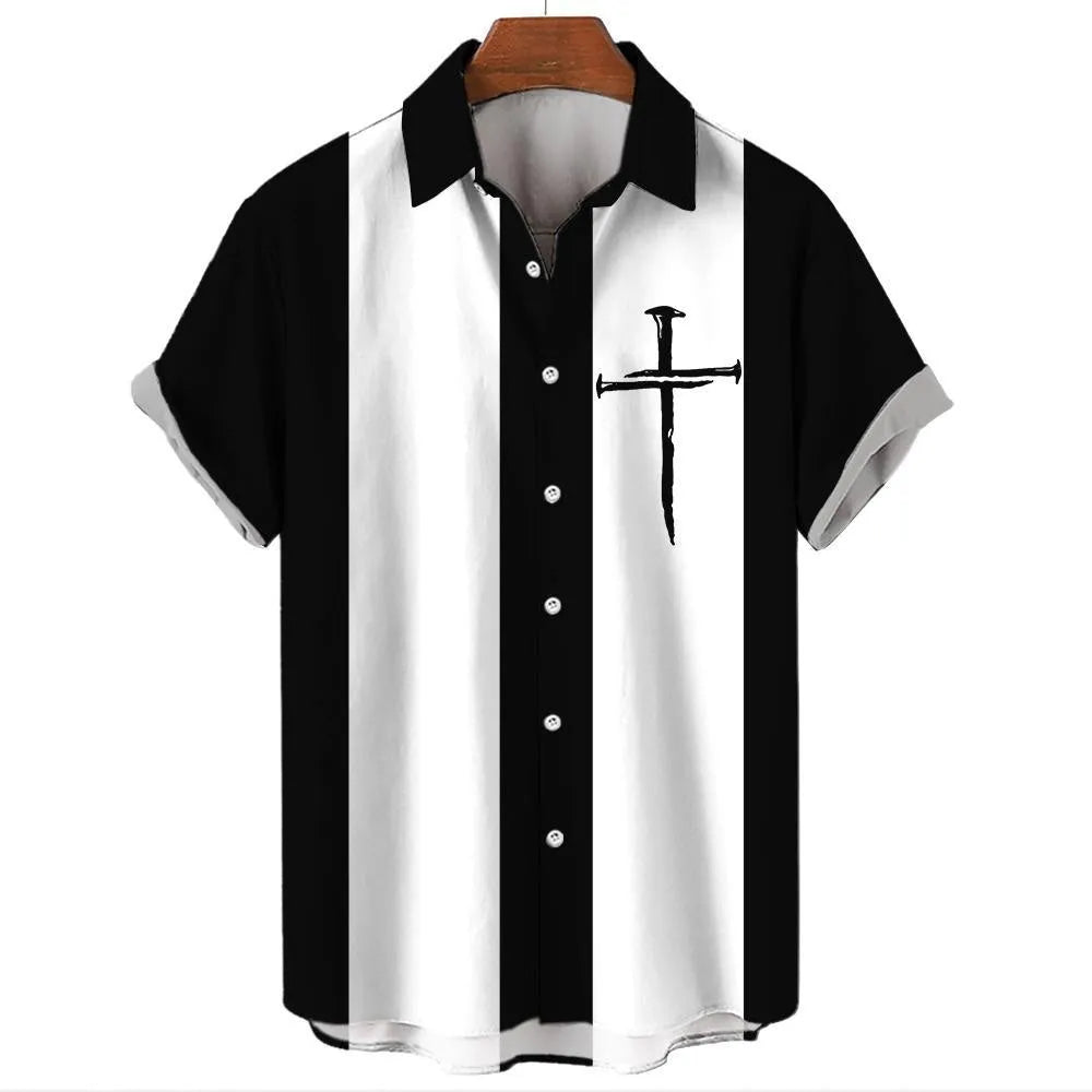 Men's striped Hawaiian shirt with button front and short sleeves in various colours