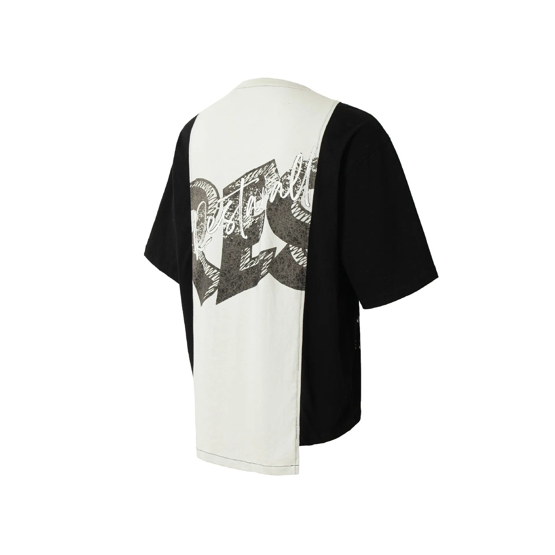 Deconstruction printed collar loose fit T-shirt in black and white stitching.