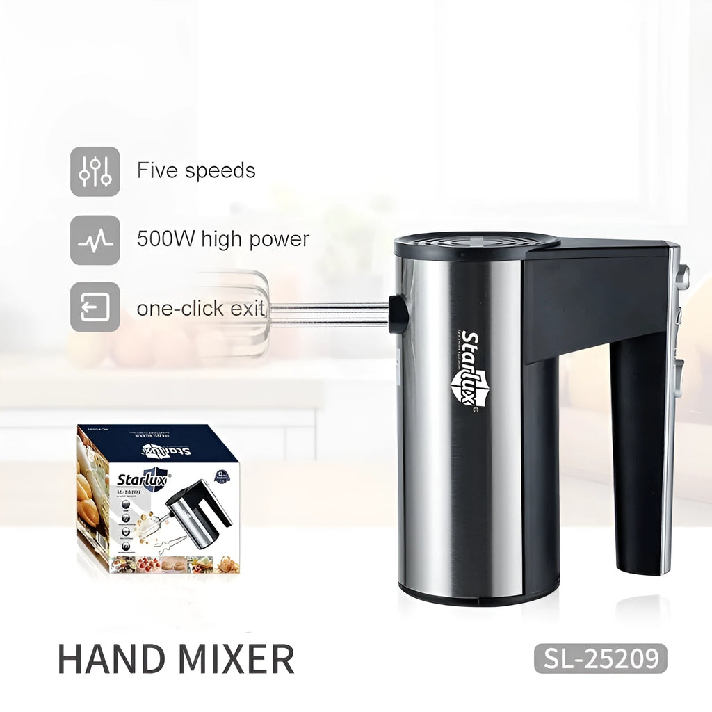 Handheld electric mixer with 500W power and five speed settings for baking preparation