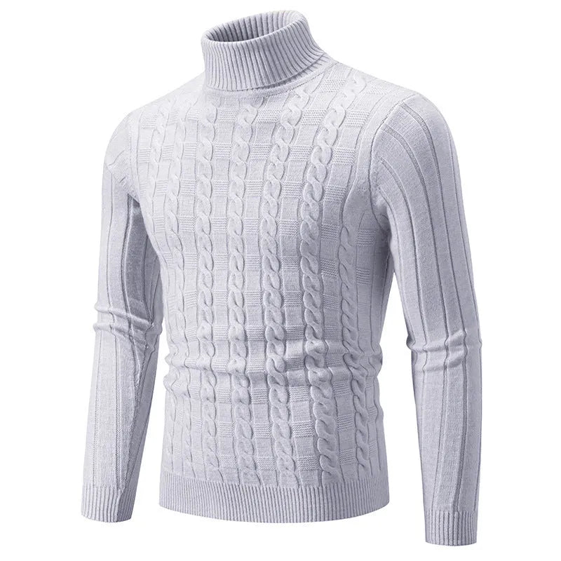 Men's slim fit chenille turtleneck pullover sweater in beige on a grey background.