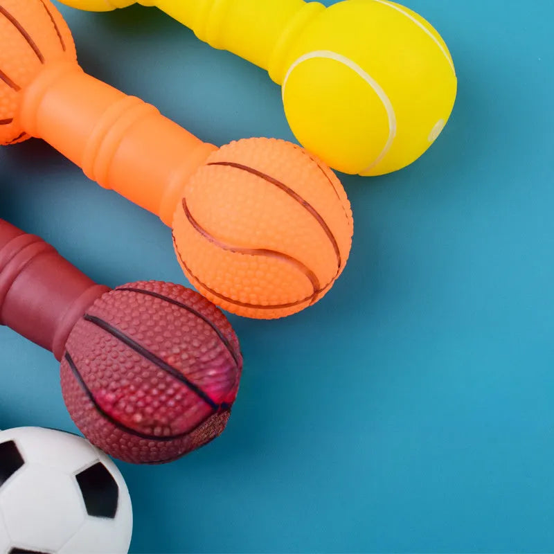 Football dumbbell shaped PVC dog chew toy with squeaker in brown, orange, white or yellow colours