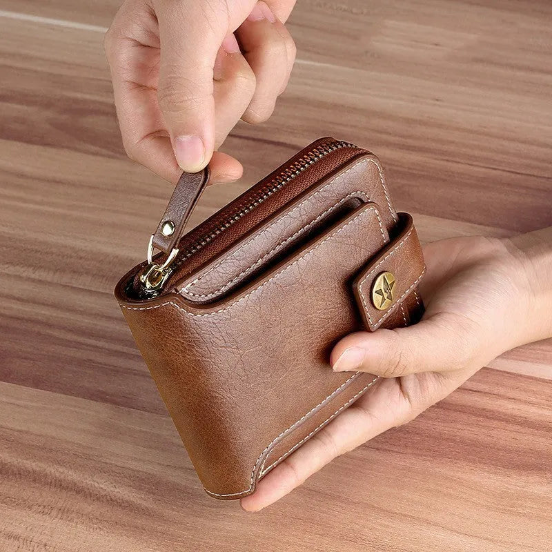 Men's PU 2-fold short wallet in black, dark brown, or light brown for card and cash storage
