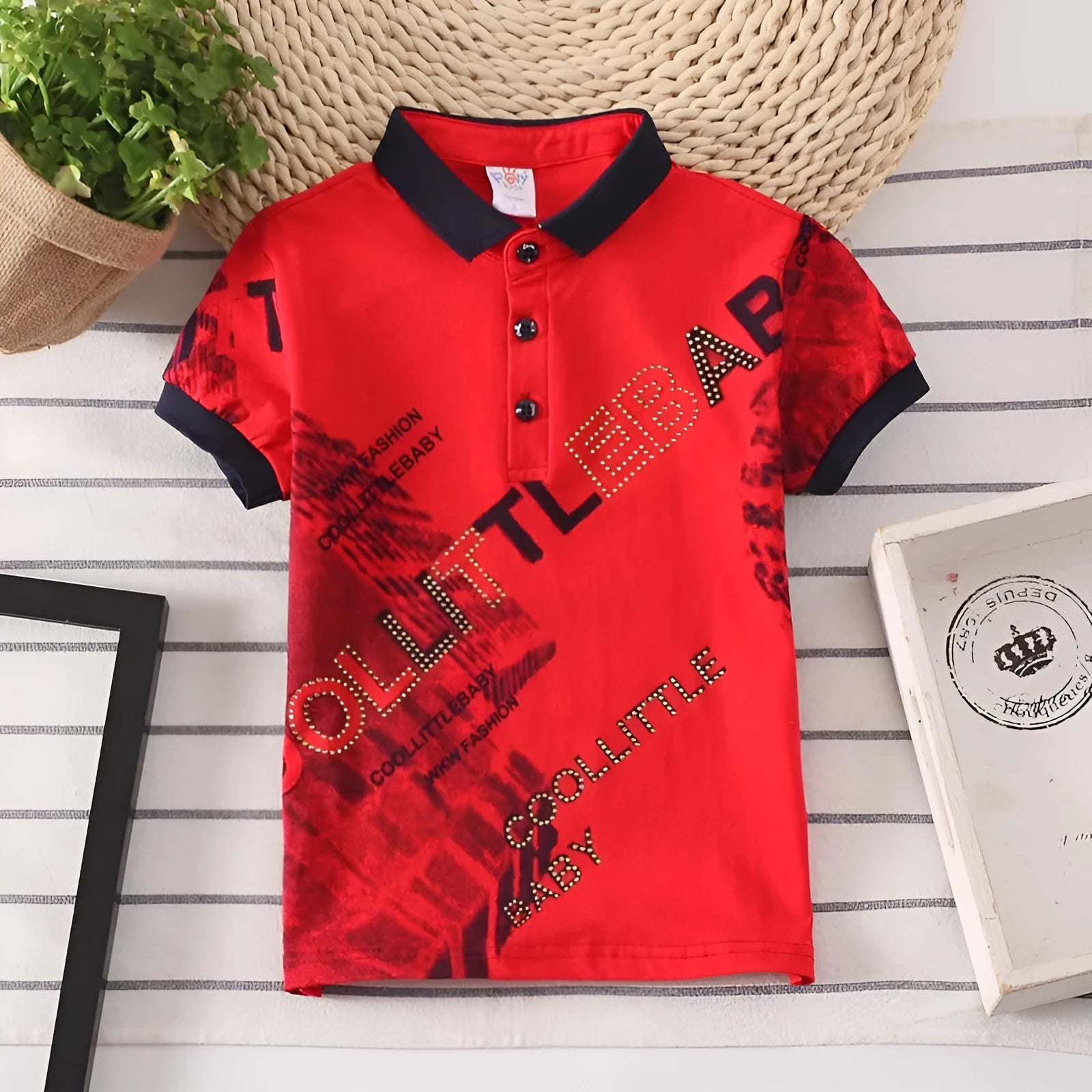 Cotton short sleeve lapel collar shirt for boys in grey, navy, red, or white