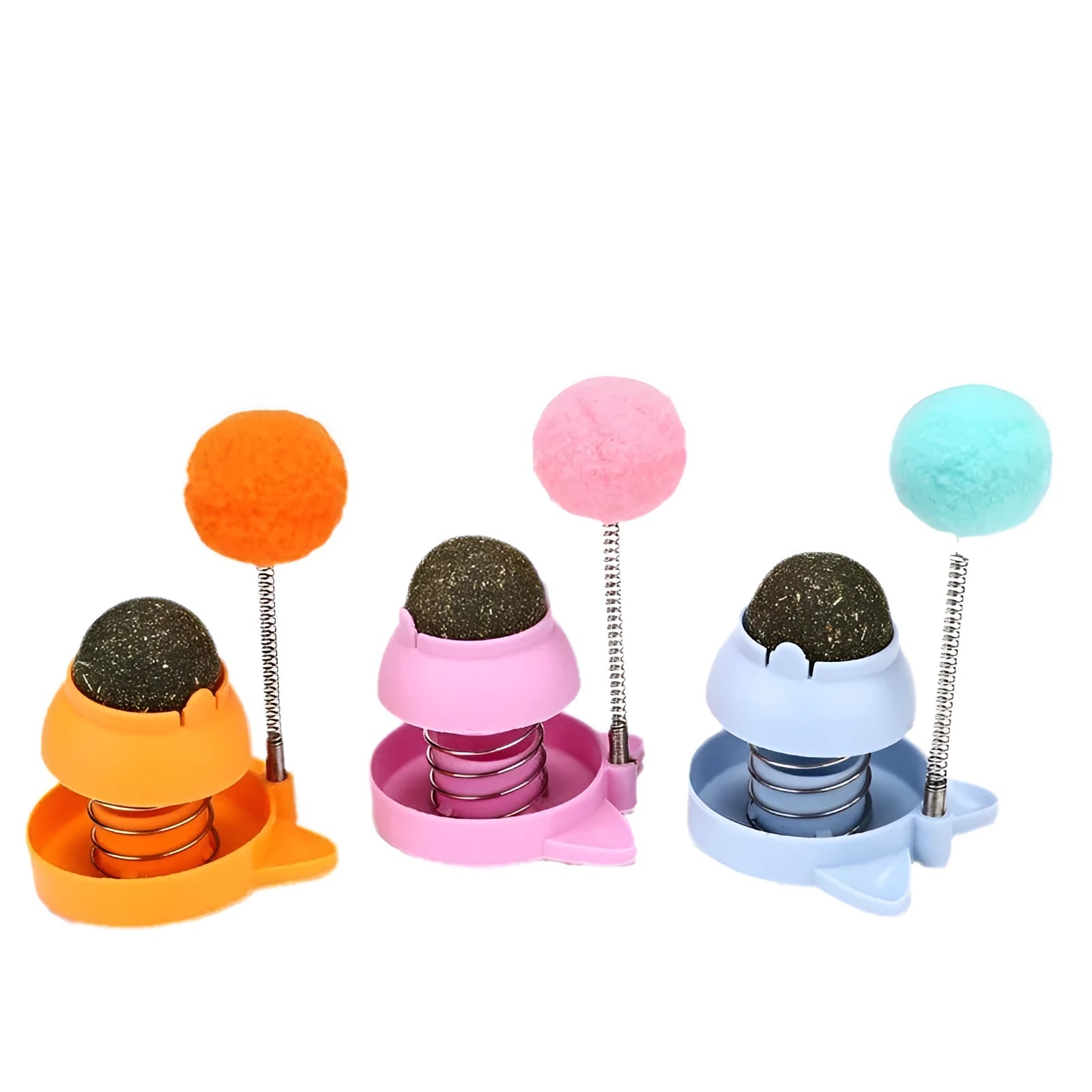Lucky cat design cat toy with rotating mint ball in blue, orange, and pink colours