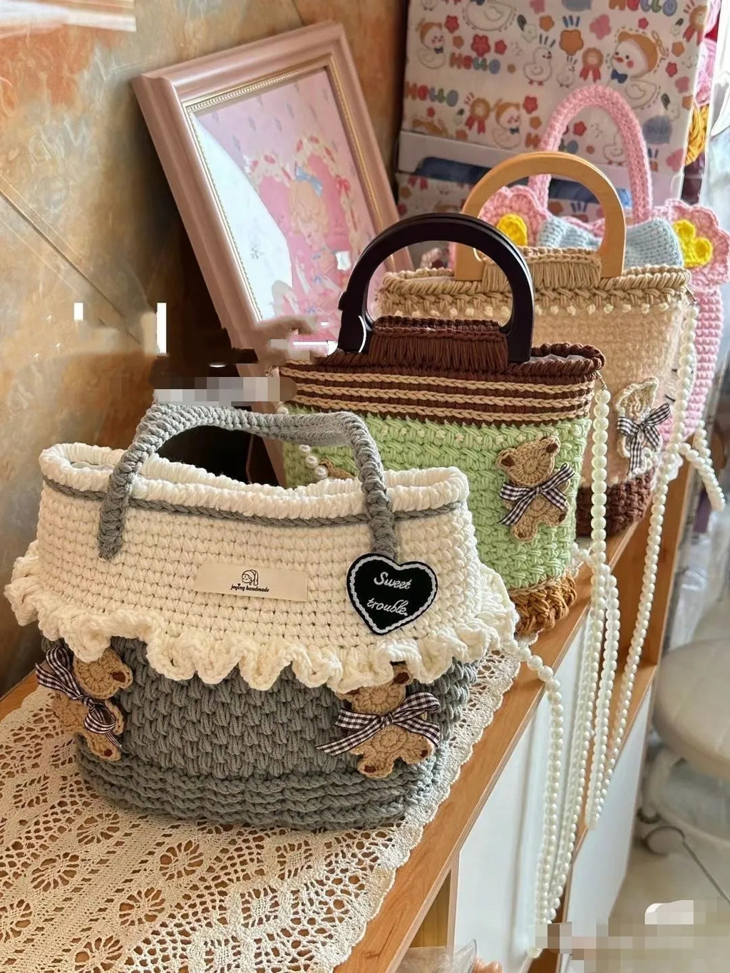 Wool crocheted bear portable shoulder bag with wooden handle in random style
