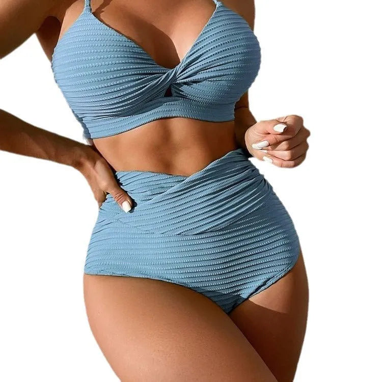 Solid colour polyester bikini split two-piece suit for women, available in navy blue, olive green, blue, and orange red