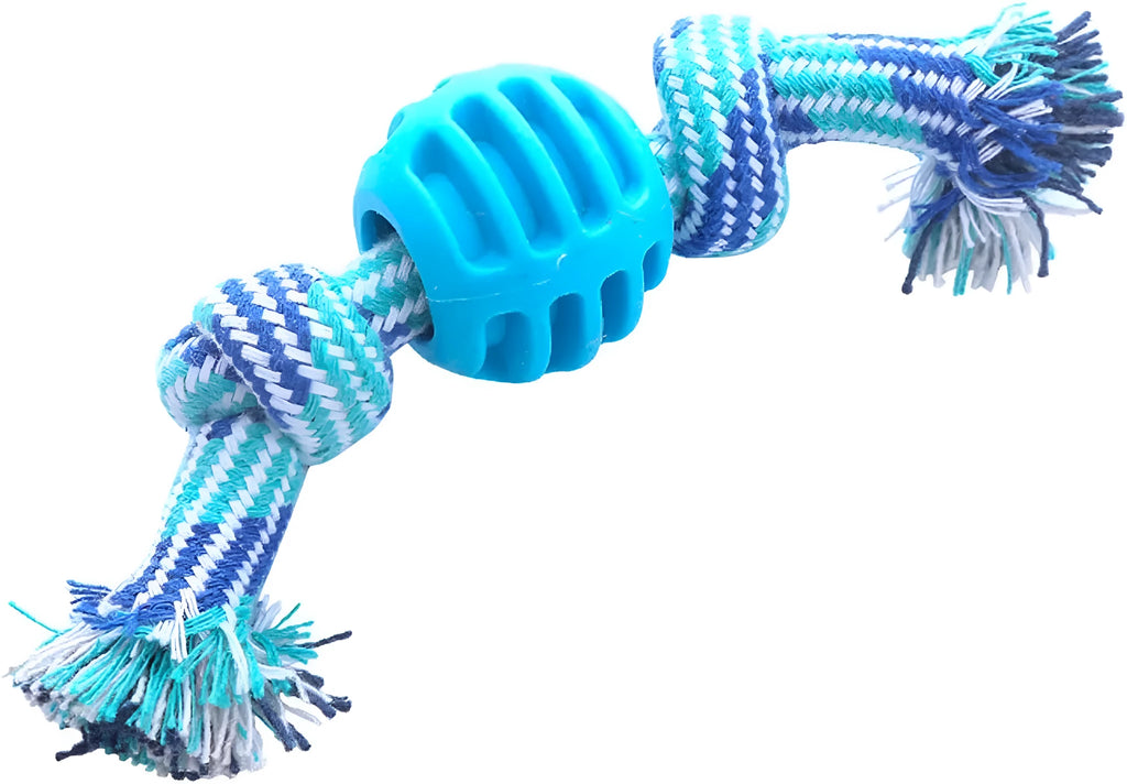 Blue molar-shaped dog chew toy with integrated rope elements for dental cleaning