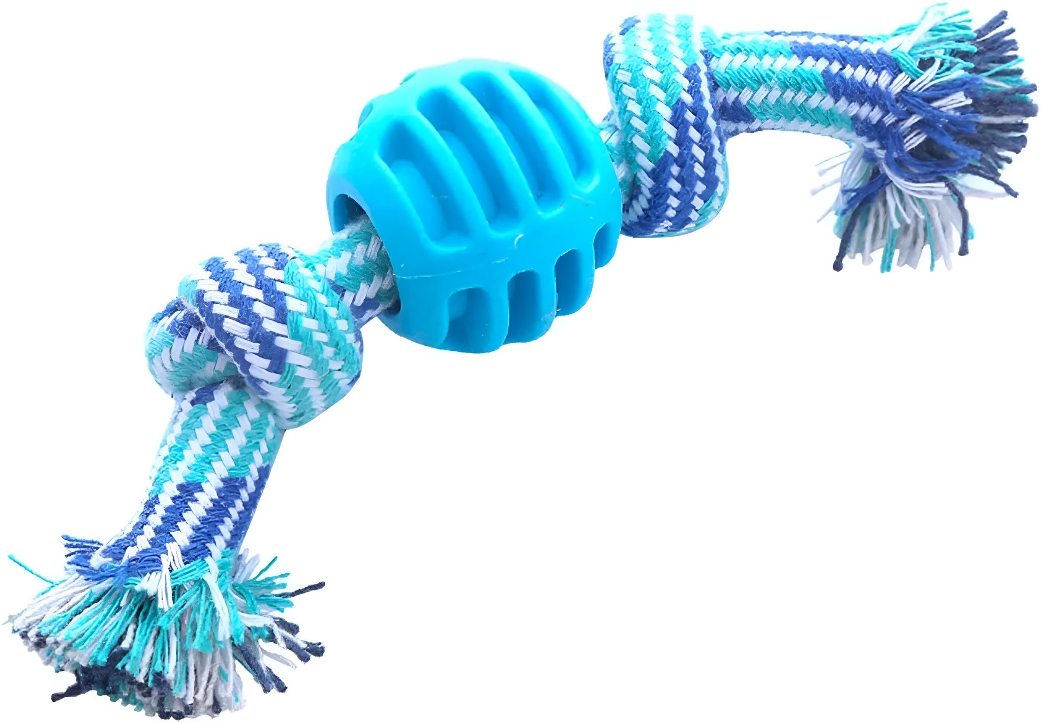 Blue molar-shaped dog chew toy with integrated rope elements for dental cleaning
