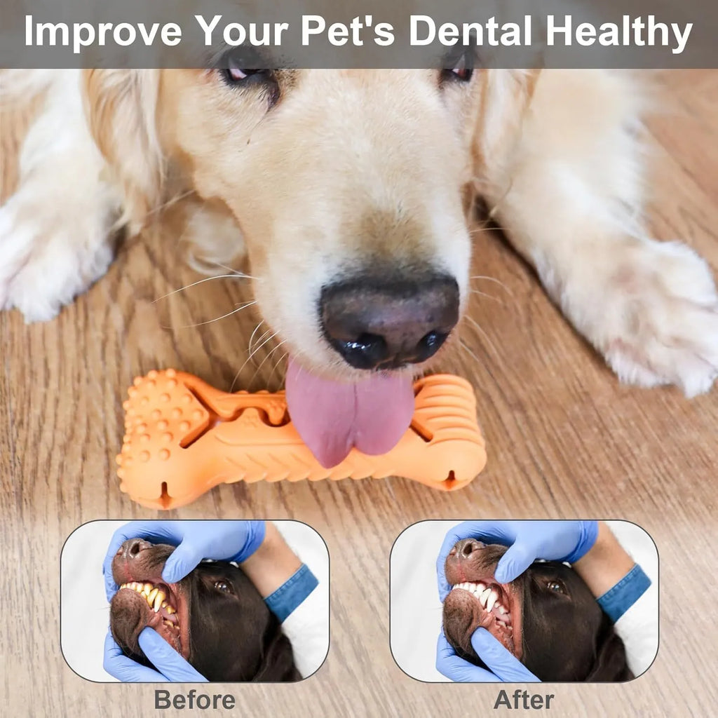 Natural rubber bone-shaped dog chew toy in blue, green and orange colours for aggressive chewers