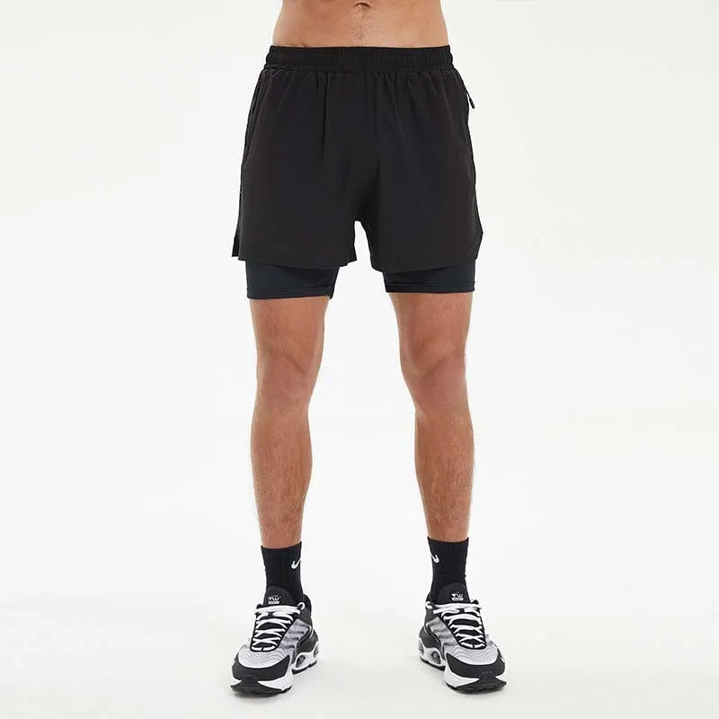Summer men's double-layer running shorts in black with high elastic fabric and inner liner