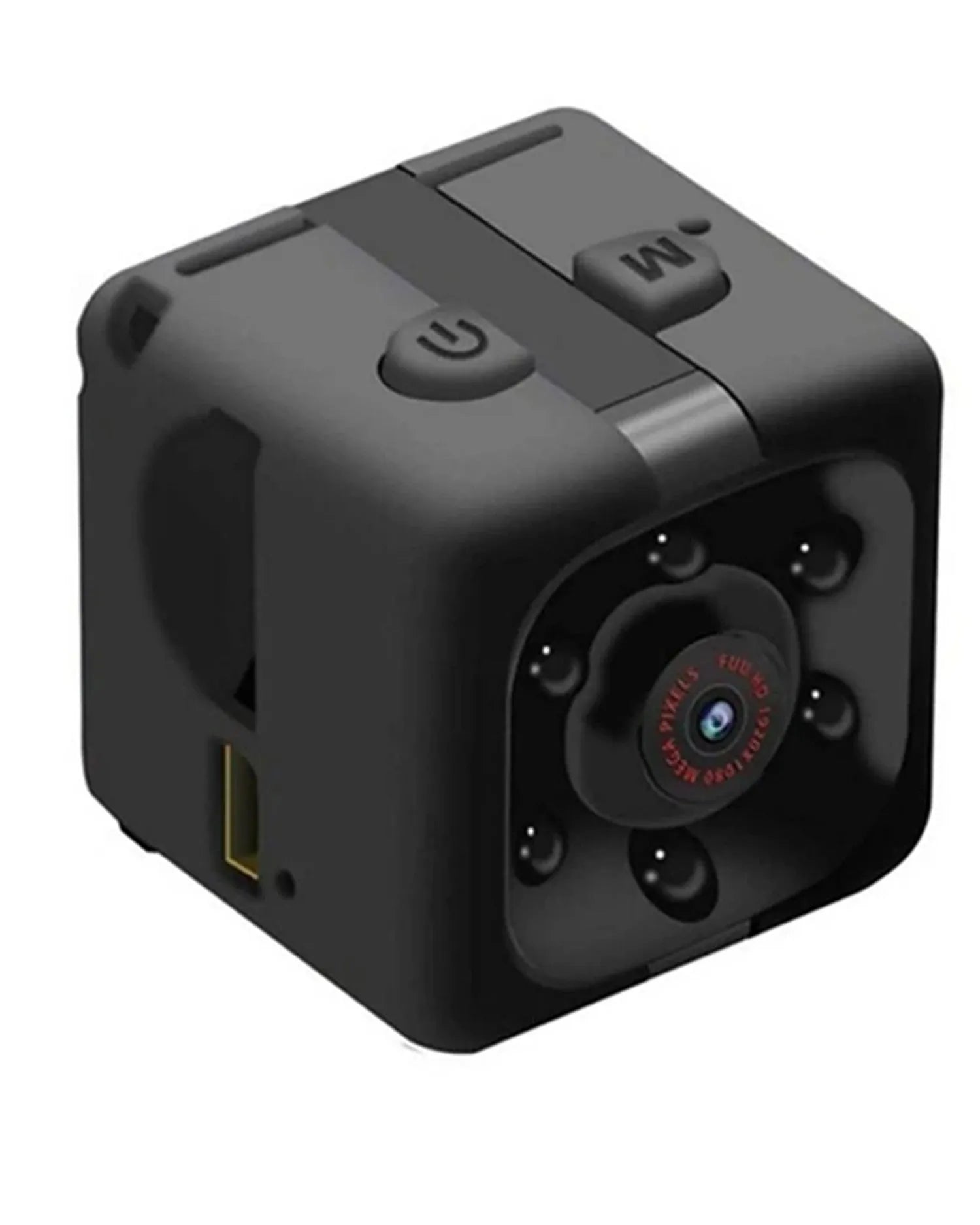 Mini 1080P Full HD night vision camera in black with infrared LEDs and motion detection