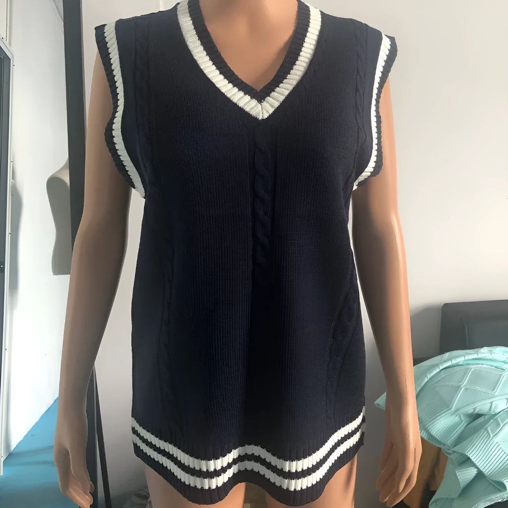 Women's slim fit V-neck knitted sweater with striped stitching and waistcoat styling