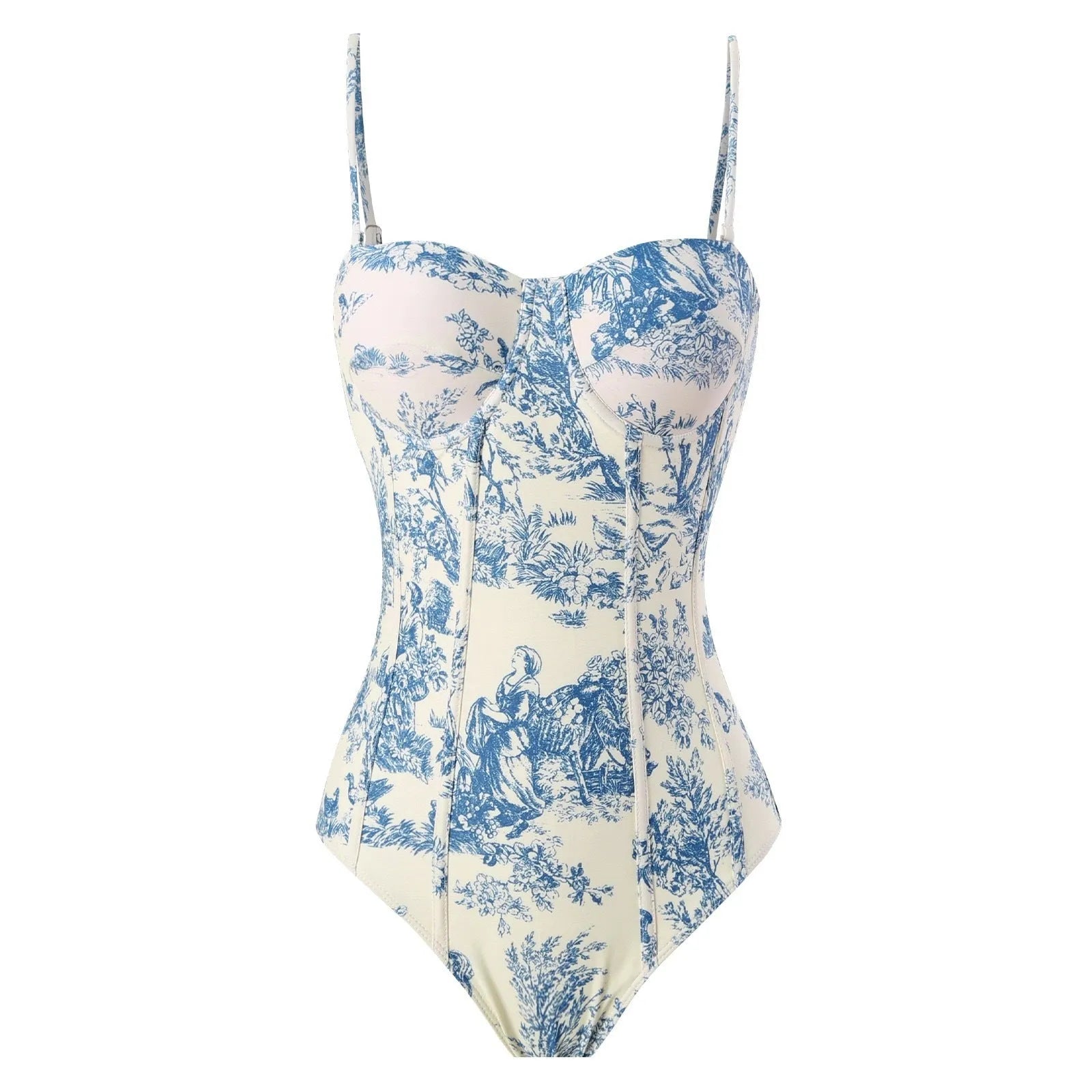 Blue patterned one-piece swimsuit for women with a matching lightweight gauze skirt cover-up.