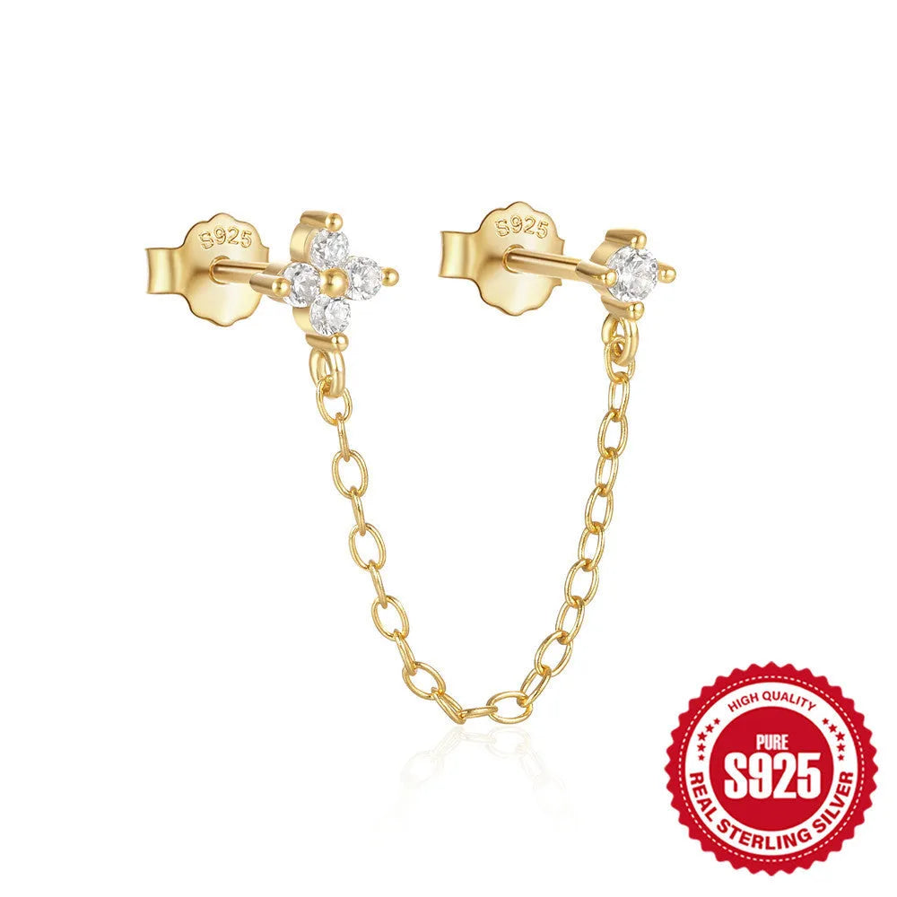 S925 sterling silver ear clip stud earrings with flower, tassel, and chain design in a gold colour.