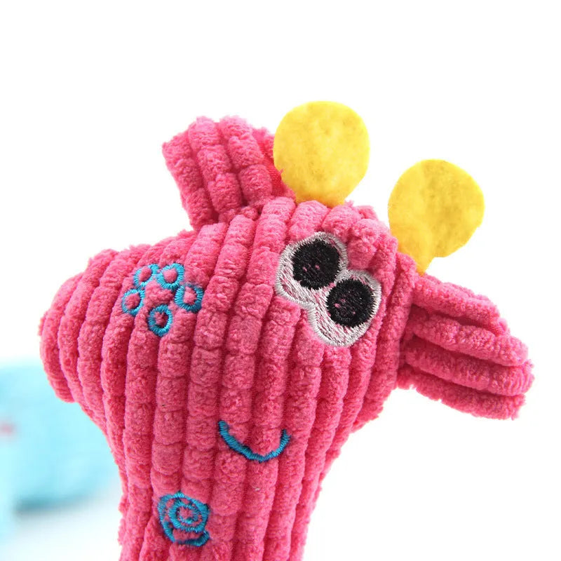 Blue deer shaped plush dog toy with corn grain texture and squeaker