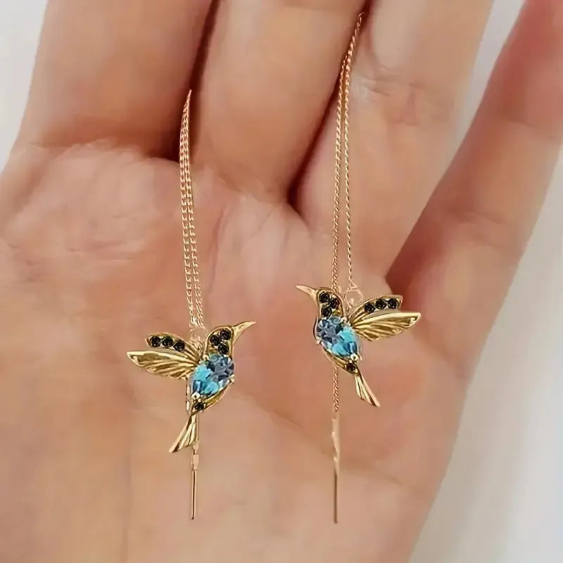 Women's bird hanging personalised alloy earrings with mixed zirconium wings in blue, red, and red lvzuan colour options