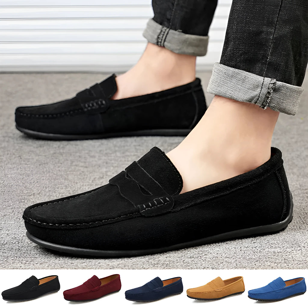 Men's suede loafers slip-on casual shoes cowhide leather round toe rubber sole
