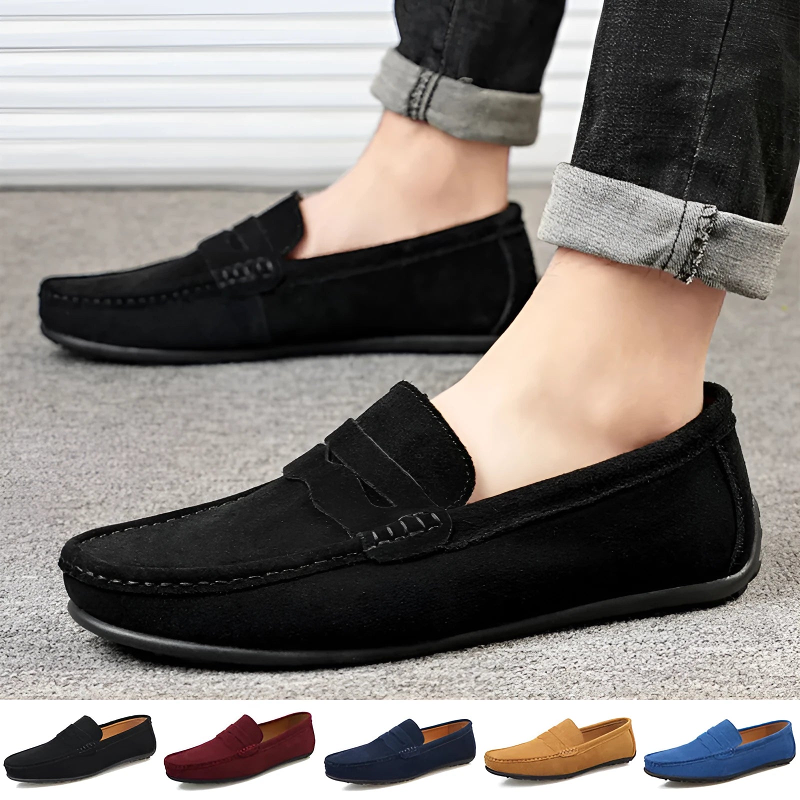 Men's suede loafers slip-on casual shoes cowhide leather round toe rubber sole