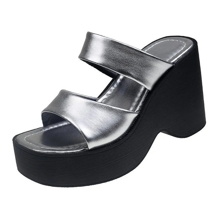 Wedge platform slippers for women, square toe, PU upper, black colour