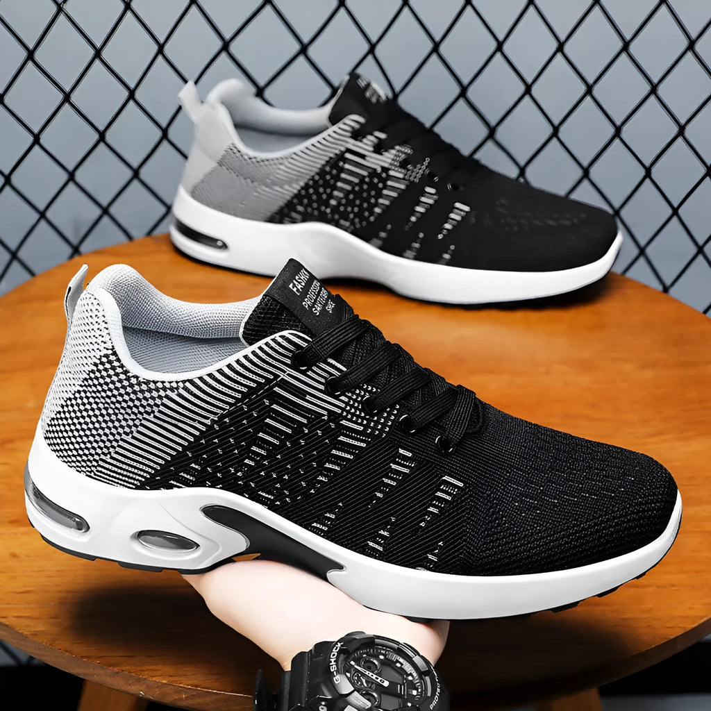Men's flyknit mesh breathable lace-up casual sneakers low top round toe soft sole flat heel black and grey