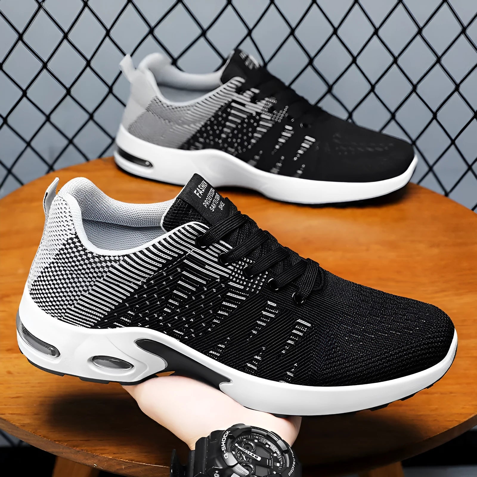 Men's flyknit mesh breathable lace-up casual sneakers low top round toe soft sole flat heel black and grey