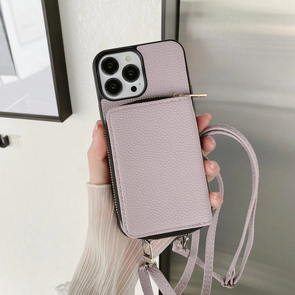 Litchi patterned PC and leather phone protective case for iPhone 12-14 in black with textured back and precise cutouts